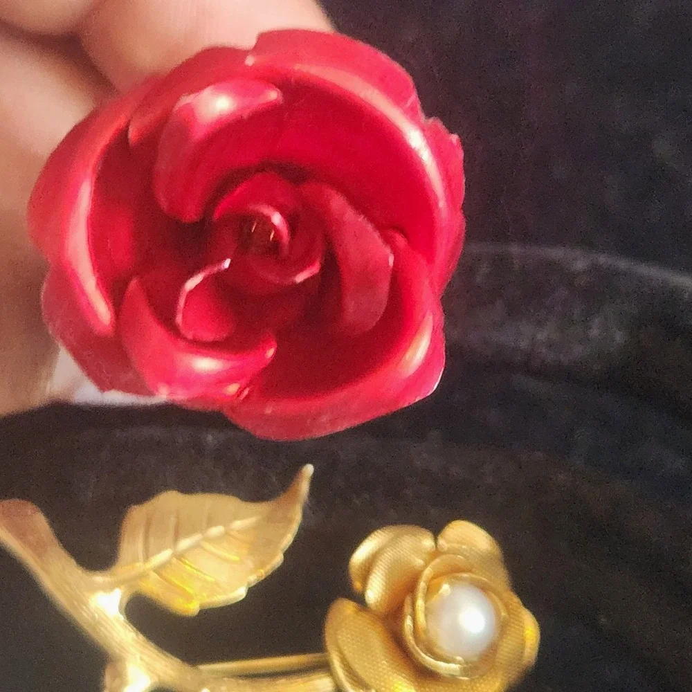 Vintage Rose Brooch lot Red Enamel Gold Tone Faux Pearl Floral Pins 2pc